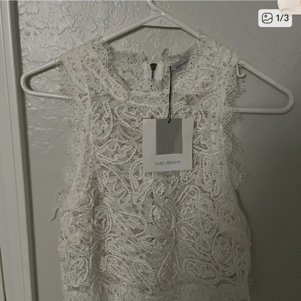 Zara Trafaluc White Lace Crop Top with Gold Zipper on Back NWT